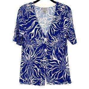 Chico’s Blue White Floral Short Sleeve Cardigan 0